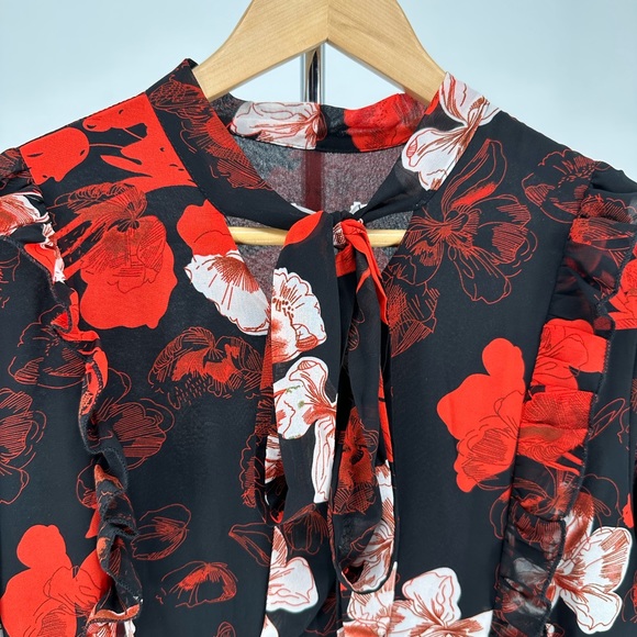 Red Black Floral Short Sleeve Tie Neck Maxi Dress size 14 NWT - Picture 4 of 11